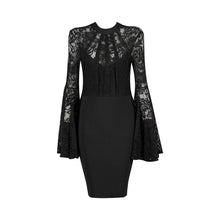 Load image into Gallery viewer, Black Pleated  Flare Sleeve Jewel-Neck  Lace Dress