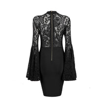 Load image into Gallery viewer, Black Pleated  Flare Sleeve Jewel-Neck  Lace Dress