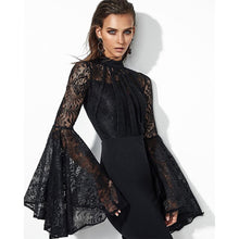 Load image into Gallery viewer, Black Pleated  Flare Sleeve Jewel-Neck  Lace Dress