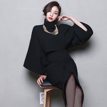 Load image into Gallery viewer, Dolman Sleeve High Waist Wool 2 Piece Skirt Set Open Split Pullover Blouse