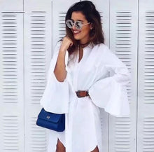 Load image into Gallery viewer, Flare Sleeve White Shirt Dress Irregular Hem..