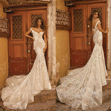 Load image into Gallery viewer, Mermaid Wedding Dresses Couture Off Shoulder Lace Applique Sweep Train
