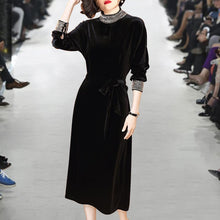 Load image into Gallery viewer, Beaded Velvet Tie at the waist Dress
