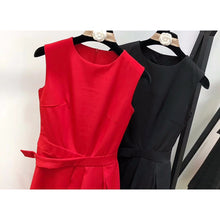 Load image into Gallery viewer, solid color black/red sleeveless mid-calf Jewel neck dress