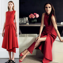 Load image into Gallery viewer, solid color black/red sleeveless mid-calf Jewel neck dress