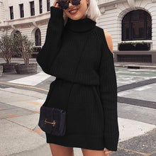 Load image into Gallery viewer, Knitted Cotton Turtleneck Off Shoulder Long Sweater Dress       Plus Size Too