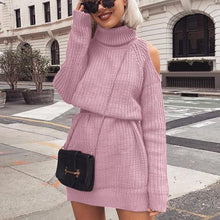 Load image into Gallery viewer, Knitted Cotton Turtleneck Off Shoulder Long Sweater Dress       Plus Size Too