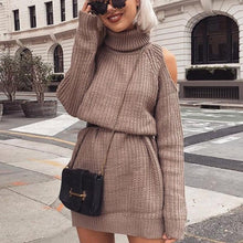 Load image into Gallery viewer, Knitted Cotton Turtleneck Off Shoulder Long Sweater Dress       Plus Size Too