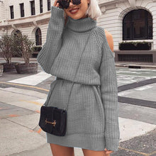 Load image into Gallery viewer, Knitted Cotton Turtleneck Off Shoulder Long Sweater Dress       Plus Size Too