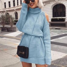 Load image into Gallery viewer, Knitted Cotton Turtleneck Off Shoulder Long Sweater Dress       Plus Size Too