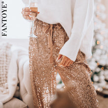 Load image into Gallery viewer, Gold Sequin Wide Leg Draw String Pant