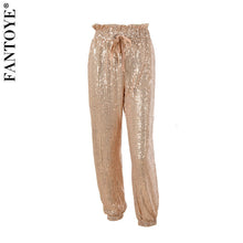 Load image into Gallery viewer, Gold Sequin Wide Leg Draw String Pant
