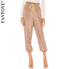 Load image into Gallery viewer, Gold Sequin Wide Leg Draw String Pant