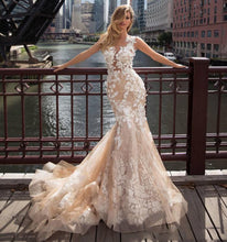 Load image into Gallery viewer, Full Appliques Illusion Button Back Bridal Gown