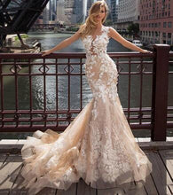 Load image into Gallery viewer, Full Appliques Illusion Button Back Bridal Gown