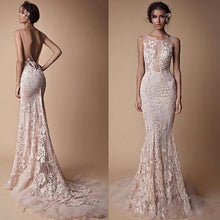 Load image into Gallery viewer, Sheer  Backless Full length Train fitted mermaid gown