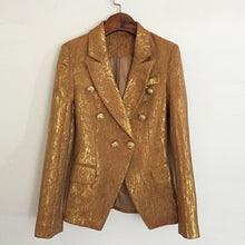 Load image into Gallery viewer, Gold Metallic Fabric Designer Blazer Double Breasted Blazer