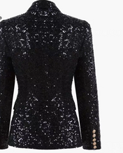 Load image into Gallery viewer, Black Sequin Blazers Women Gold Double Breasted Buckle Notched Lapel