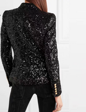 Load image into Gallery viewer, Black Sequin Blazers Women Gold Double Breasted Buckle Notched Lapel