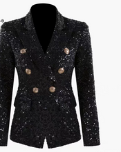 Load image into Gallery viewer, Black Sequin Blazers Women Gold Double Breasted Buckle Notched Lapel