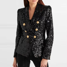 Load image into Gallery viewer, Black Sequin Blazers Women Gold Double Breasted Buckle Notched Lapel