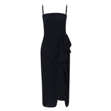 Load image into Gallery viewer, Spaghetti Straps  Ruffle Slit Black Dress