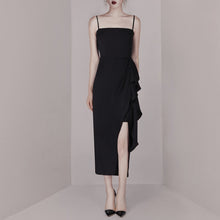 Load image into Gallery viewer, Spaghetti Straps  Ruffle Slit Black Dress