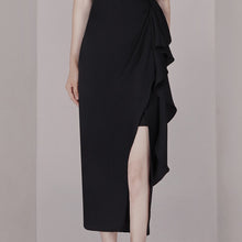 Load image into Gallery viewer, Spaghetti Straps  Ruffle Slit Black Dress