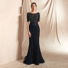 Load image into Gallery viewer, Long Black Beaded Lace Evening Dress