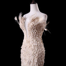 Load image into Gallery viewer, True Couture Plugging V neckline  Floor Length  Feather Champagne Evening Gown