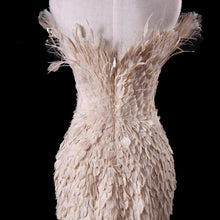 Load image into Gallery viewer, True Couture Plugging V neckline  Floor Length  Feather Champagne Evening Gown