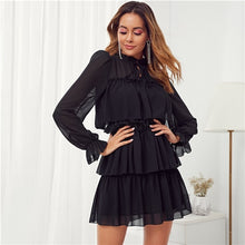 Load image into Gallery viewer, Tie Neck Ruffle Trim Layered Chiffon Tiered Mini Dress