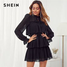 Load image into Gallery viewer, Tie Neck Ruffle Trim Layered Chiffon Tiered Mini Dress