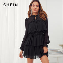 Load image into Gallery viewer, Tie Neck Ruffle Trim Layered Chiffon Tiered Mini Dress