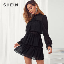 Load image into Gallery viewer, Tie Neck Ruffle Trim Layered Chiffon Tiered Mini Dress