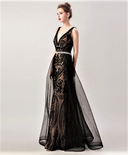 Load image into Gallery viewer, V-Neck Beaded Sequin Illusion Lace Mermaid Gown with Removable Over Skirt