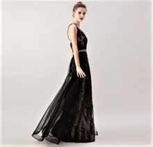 Load image into Gallery viewer, V-Neck Beaded Sequin Illusion Lace Mermaid Gown with Removable Over Skirt
