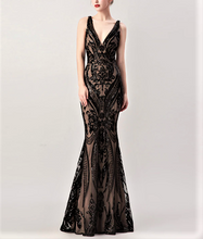 Load image into Gallery viewer, V-Neck Beaded Sequin Illusion Lace Mermaid Gown with Removable Over Skirt