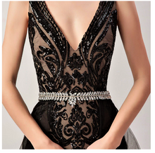 Load image into Gallery viewer, V-Neck Beaded Sequin Illusion Lace Mermaid Gown with Removable Over Skirt