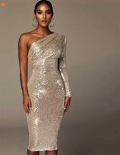 Load image into Gallery viewer, Sequins in Spring One Shoulder Dress..