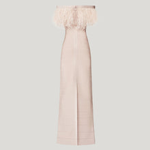 Load image into Gallery viewer, Elegant Off the Shoulder Long Bandage Gown with Feather Trim