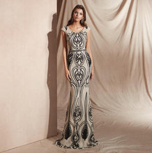 Load image into Gallery viewer, Cap Sleeve Beaded Mermaid Gown          Gold Gray Black Prom Gowns