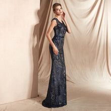 Load image into Gallery viewer, Cap Sleeve Beaded Mermaid Gown          Gold Gray Black Prom Gowns