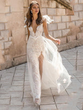 Load image into Gallery viewer, Lace Appliques with Side Split Spaghetti Strap Gown
