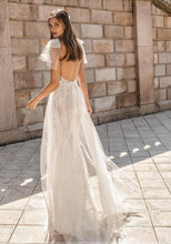 Load image into Gallery viewer, Lace Appliques with Side Split Spaghetti Strap Gown