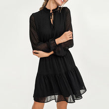 Load image into Gallery viewer, Black Summer Mini Dress Long Sleeve Elastic Waist