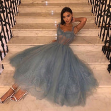 Load image into Gallery viewer, Tea Length Blue Spaghetti Strap Formal Gown