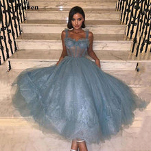 Load image into Gallery viewer, Tea Length Blue Spaghetti Strap Formal Gown