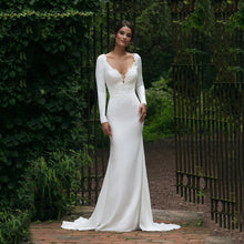 Load image into Gallery viewer, V Neck Floor Length Long Sleeve Mermaid Wedding Dress