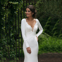Load image into Gallery viewer, V Neck Floor Length Long Sleeve Mermaid Wedding Dress